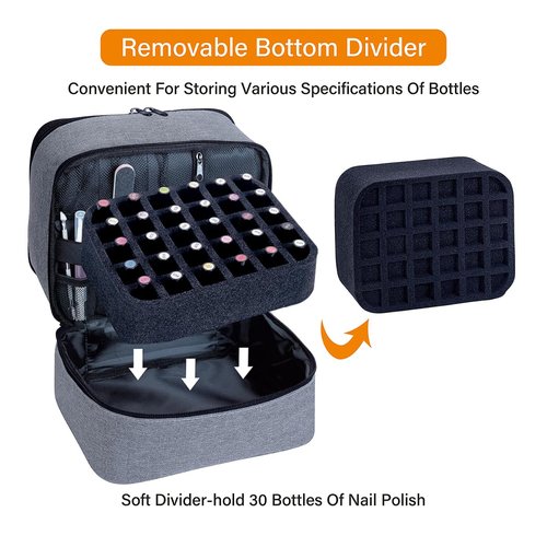 UOZL Nail Polish Organizer, Handheld Double Layer Organizer Holds 30 Bottles (15 ml/0.5 floz) with Adjustable Dividers for Nail Polish Small Manicure Lamp Manicure Tools Essential and Travel,Gray