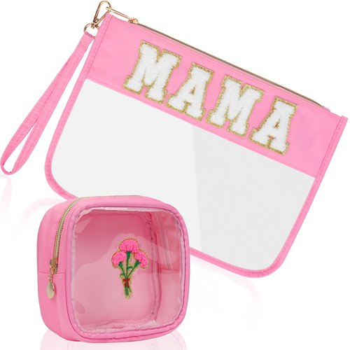 Aintmax 2Pcs Clear Mama Bag Chenille Varsity Letter Makeup Bag Preppy Patch Pouch Waterproof PVC Toiletry Organizer Flat Travel Cosmetic Bag Mother's Day Gifts for Mom Women(Mama-Pink)