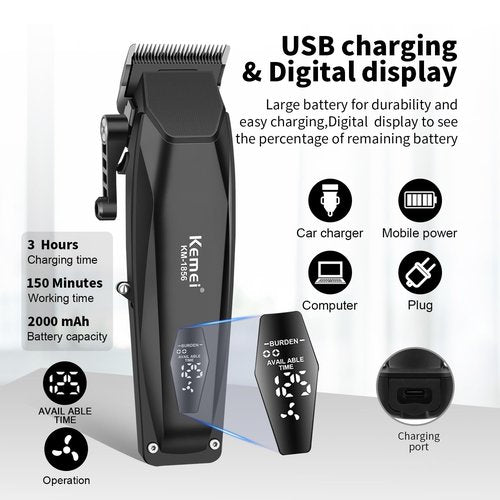 KEMEI KM-1856 Professional Hair Clipper for Men Cordless Hair Cutting Kits, Hair & Beard Trimmer, Adjustable Blade Barber Clippers with USB Rechargeable, Gift for Men