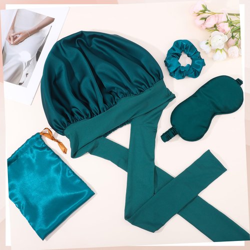 Satin Bonnet Set, Hair Bonnet for Sleeping Silk Bonnet with Eye Mask for Women Curly Hair, Peacock Blue