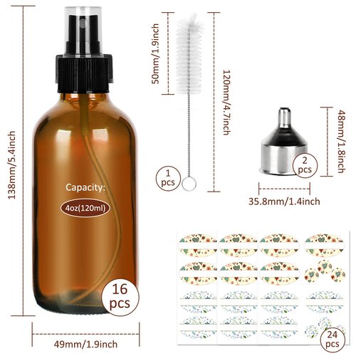 CycleMore 120ml 16Pcs 4oz Amber Glass Spray Bottles with Fine Mist Sprayers, Glass Travel Bottles for Cosmetic Essential Oils Cleaning Solutions Perfumes & More Liquids Ideal for Mother & Friends