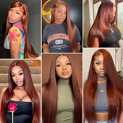Reddish Brown Lace Front Wigs Human Hair 28 Inch Straight Auburn Brown Lace Wig Human Hair Colored Wigs Pre Plucked Glueless 13x4 HD Transparent Lace Full Fontal Human Hair Wig for Women 180 Density