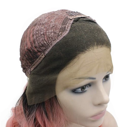 MX angel Long Wavy Half Hand Tied Synthetic Lace Front Dark Root Pink Wig