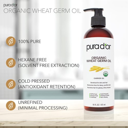 PURA D'OR ORGANIC Wheat Germ Oil (16 Oz x2 = 32 Oz) 100% Pure & Natural USDA Certified Cold Pressed Carrier Oil - Vitamin E Rich, Moisturizing & Nourishing Anti-Aging Properties - Healthy Hair Growth