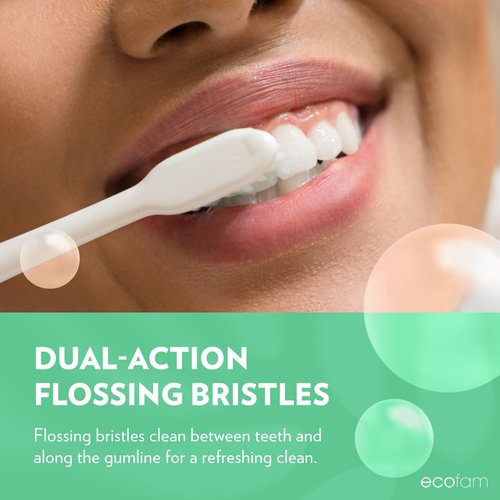 EcoFam Compostable Toothbushes, Dual Action Flossing Bristles, Silver Infused Soft Bristle Toothbrush, Natural Toothbrushes for Adults, Multi Color, 8-Pack