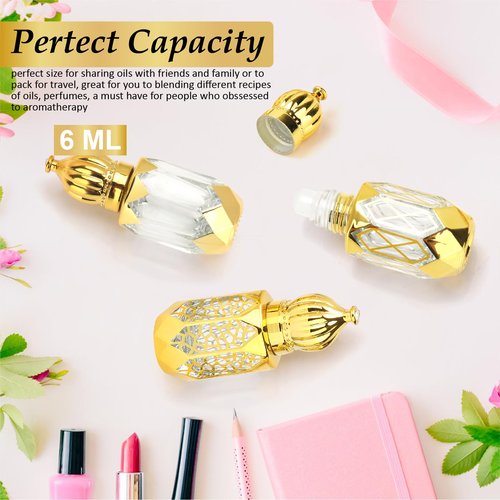 CHSEEO 4 Pcs Vintage Deodorant Roller Bottle for Essential Oil, 6 ML Empty Glass Perfume Mini Travel Bottle with Stainless Steel Roller Ball Refillable Empty Container - Gold