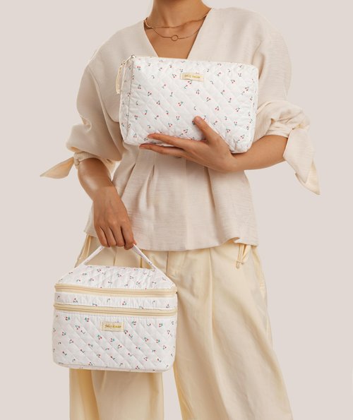 HBselect 2Pcs Travel Makeup Bag, Large Cotton Quilted Makeup Bag Cosmetic Bag Cute Make up Bag Toiletry Bags for Women Girls
