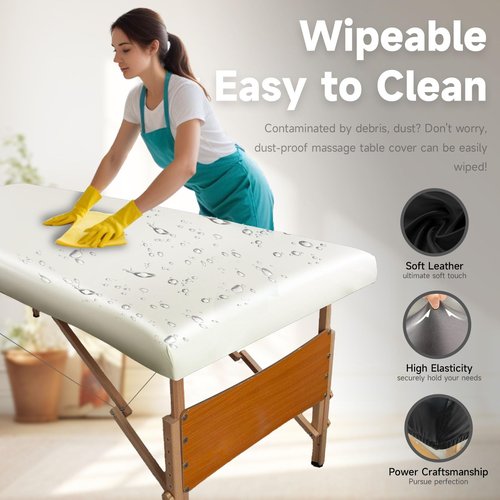 WUSOUPU Leather Cover for Massage Table Wipeable Massage Bed Protector Cover Made of 4-Ways Elastic 100% PU Waterproof Material, Machine Washable, Fit Rectangular Tables 28-32" Wide (White)