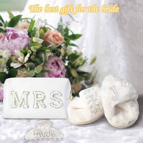 Tkifoda Personalized Initial Letter J MRS Wedding Bride Slippers Robe Makeup Bag Hair Clip, Bride to Be Gifts, Bridal Shower Gifts, Wedding Gift