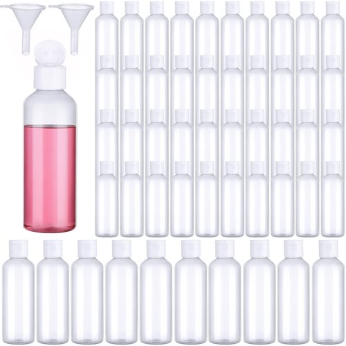Gandeer 50 Piece 3.4 oz Travel Bottles Set Clear Plastic Refillable Squeeze Bottles with Flip Cap Dispensers and 2 Funnels for Travel-size Liquid Cosmetics(Clear, White)
