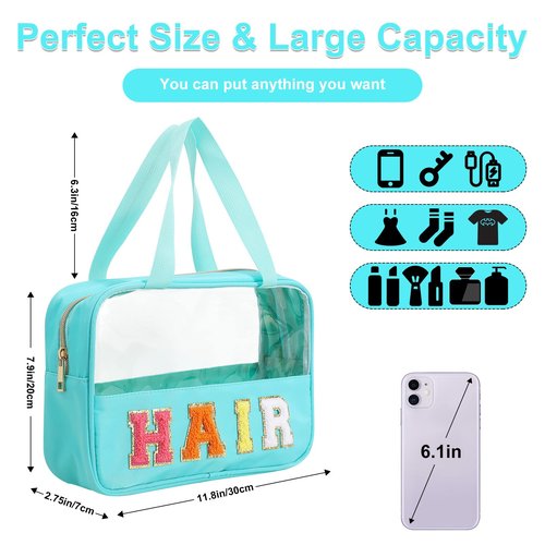 Chenille Letter Patch Clear Bag,Preppy Multi-purpose PVC&Nylon Clear Makeup Bag with Handles,Large Travel Makeup Toiletry Storage Zipper Pouch, Tote Bag for Women (Mint-HAIR)