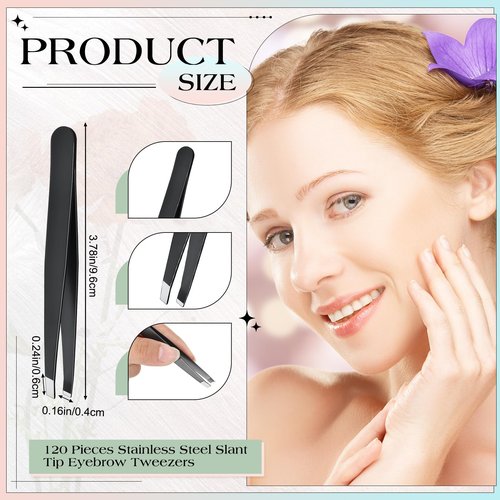 Lasnten 120 Pieces Stainless Steel Eyebrow Slanted Tweezers Black Slanted Tip Eyebrow Tweezers for Men and Women Removal Eyebrows,Ingrown Hair,Hand and Facial Hair,Lash Extension