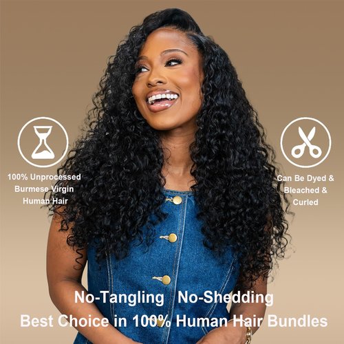Burmese Curly Bundles Human Hair 16 Inch 12A Deep Wave 1 Bundle 100% Unprocessed Quick Weave 3c4a Water Wave Bundles with Spiral Curly End Real Human Hair Extensions Natural Black