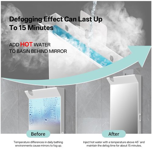Junyaoxuan Anti-Fog Shower Mirror Fill with Hot Water for Instant Fog-Free View, No Drill Installation Shaving and Makeup Mirror with Cleaning Wiper & Razor Holder, Rust-Proof Bathroom Mirror, White