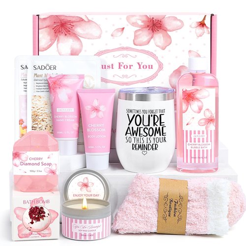 Bath Gift Set For Women, 12PCS Bath Sets For Women Gift, Birthday Valentine's Day Gifts Self Care Package for Her Mom Friend Sister Wife, Cherry Blossoms Relaxing Spa Gift Basket
