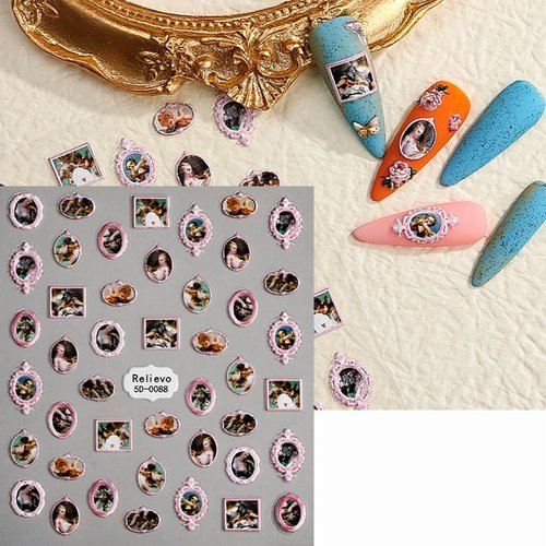 Zoance Embossed Angel Nail Stickers, 5D Stereoscopic Self-Adhesive Flower Baby Nail Decals Baroque Nail Art Stickers for Women Girls Nail DIY Manicure Decoration