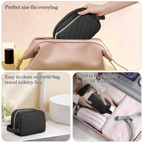 MAXTOP Black Quilted Makeup Bag Small Makeup Pouch for Women Travel Essentials Waterproof Travel Bag for Cosmetics Toiletries Accessories（Black）