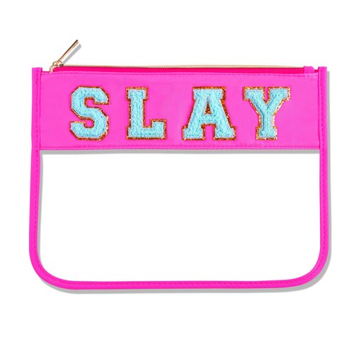 Dealkion Slay Makeup Bag Slay Purse Slay Stuff Toiletry Zipper Pouch Chenille Letter Clear Zipper Pouch Slay Skincare Travel Pouch for Women Girl Gifts