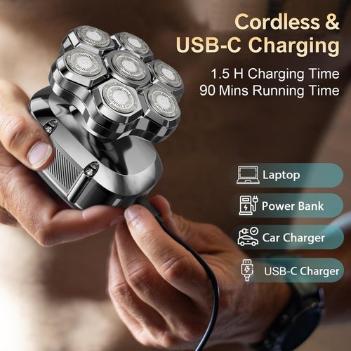 RUIM Head Shavers for Bald Men, 7D Magnetic Rotary Electric Razor, IPX7 Waterproof for Wet & Dry Use, with LED Display, USB-C Charging & 5-in-1 Grooming Kit