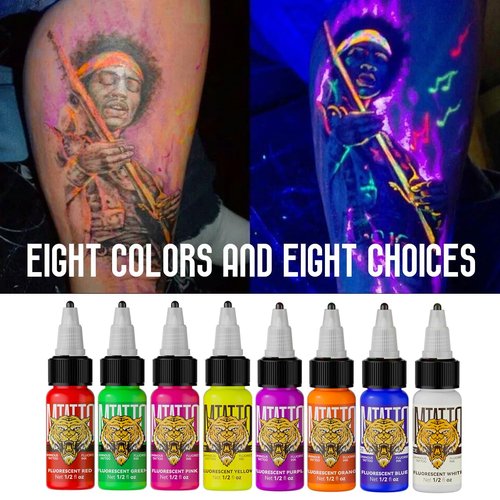Fluorescent Tattoo Ink Set - Tattoo Inks Pigment Kit, 8 Color 1/2oz 15ml/Bottle Professional Tattoo Fluorescent Ink & Tattoo Equipment for Halloween Supplies