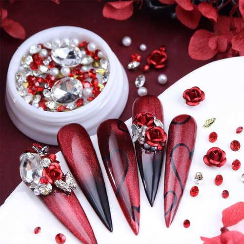 3D Red Rose Flower Nail Art Charms Valentines Nail Charms Romantic Flowers Nails Design Decorations Mixed Shiny Pearl Crystal Gems Nail Rhinestones for Women DIY Valentine Nail Jewelry Accessories