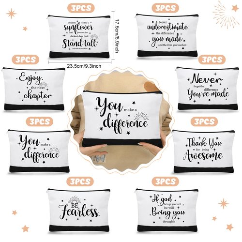 Kajaia 24 Pieces Inspirational Canvas Cosmetic Bags Makeup Bags with Zippers Appreciation Motivational Toiletry Purse Pouches Positive Travel Makeup Pouches for Girl Women Friends, 8 Designs (Elegant)