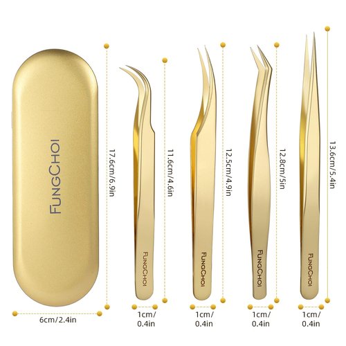 FungChoi 4-Piece High Precision Eyelash Extension Tweezers Set, Straight and Curved Lash Tweezers for Extensions, Volume Lash Tweezers for Crafting, with Iron Box Packaging
