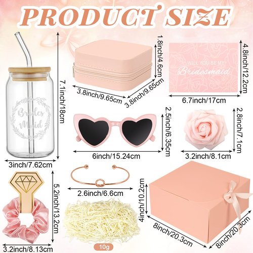 HOMENERGY 9 Pcs Bridesmaid Proposal Gifts - Will You Be My Bridesmaid Kit with Elegant Box Jewelry Box Glass Cup Invited Cards Knotted Bracelets Sunglasses Scrunchies Raffia Grass (Pink)