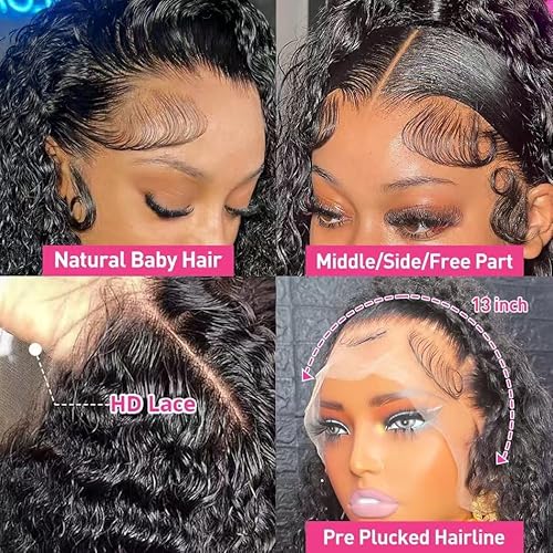 SQU&CIR 16 Inch Deep Wave Lace Front Wigs Human Hair 13x4 HD Lace Front Wigs Human Hair Pre Plucked Brazilian Deep Wave Wig Human Hair Deep Wave Wig 180 Density