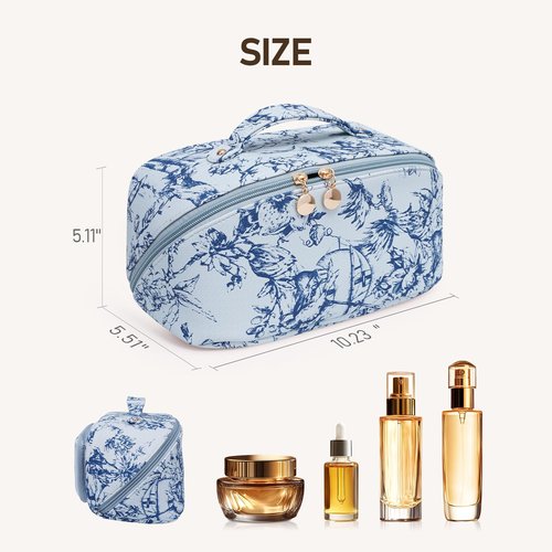 ETTP Large Capacity Cosmetic Bag for Women, Waterproof PU Leather Makeup Bag for Travel,Toiletry Bag Make up Organizer with Divider and Handle (Blue)