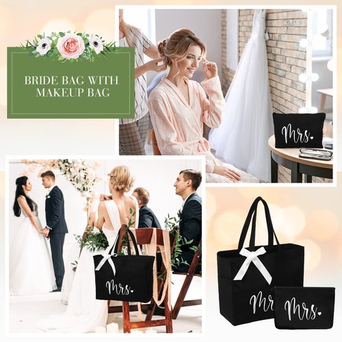 Cunno Bride Tote Bag with Makeup Bag, MRS Polyester Set for Women, Large Black, Wedding Gifts
