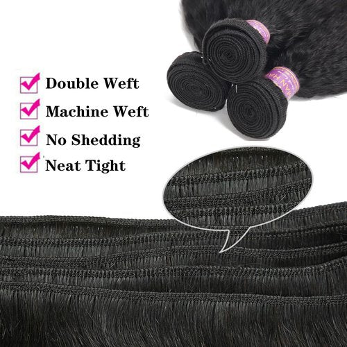 Kinky Straight Human Hair Bundles 16Inch Yaki Straight Human Hair Extensions 1 Bundles Unprocessed 100% Brazilian Virgin Kinky Straight Human Hair For Black Women Natural Black