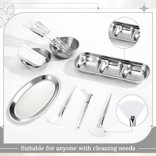 LemonRoad 25 Pcs Esthetician Facial Supplies Set, 3 Stainless Steel Mixing Bowls, 2 Serving Trays, 6 Brushes, 2 Hairbands, 12 Compressed Sponges for Women Facial Mask Spa Home Use (Silver)