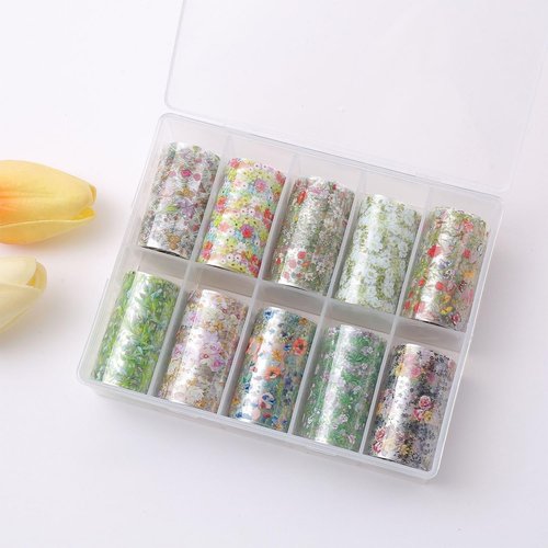 DANNEASY 10 Roll Flower Nail Foil Holographic Nail Foils Starry Sky Transfer Foil Sheets 3D Leaf Daisy Nail Stickers Decal Nail Art Foil for Women DIY Manicure Decoration