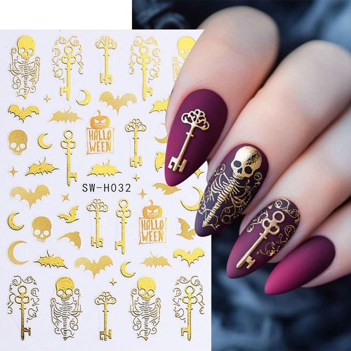 POWPOP Halloween Nail Art Stickers Decals 3D Halloween Nail Decals 6PCS Gold Skeleton Bat Key French Fire Blood Crown Nails Design Adhesive Stickers Manicure Supply for Women Nail Art Decorations