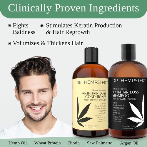 Hair Growth Shampoo and Conditioner Set for Thinning Hair and Hair Loss for Men and Women 17 oz - Hemp Oil, Biotin, Natural and Organic Ingredients - Hair Thickening and Volumizing