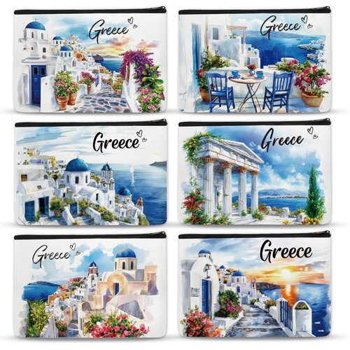 SEAOYOZO 6 Pcs Greece Makeup Bags Gifts for Women, Greece Souvenirs Greek Mythology Gifts Greece Travel Must Haves Watercolor Cosmetic Bag for Girls Wife Best Friend Sister Daughter Coworkers