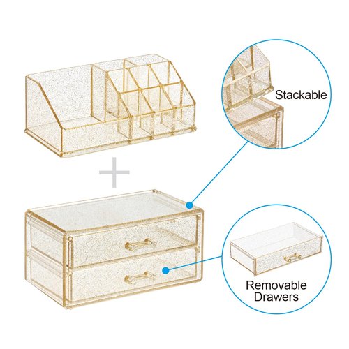 Ikee Design Acrylic Makeup Organizer with 2 Drawers Removable Top Lipstick Holders, Cosmetics Organizer for Skincare, Accessories, Lip Gloss for Vanity or Bathroom Countertop, Gold Glitter