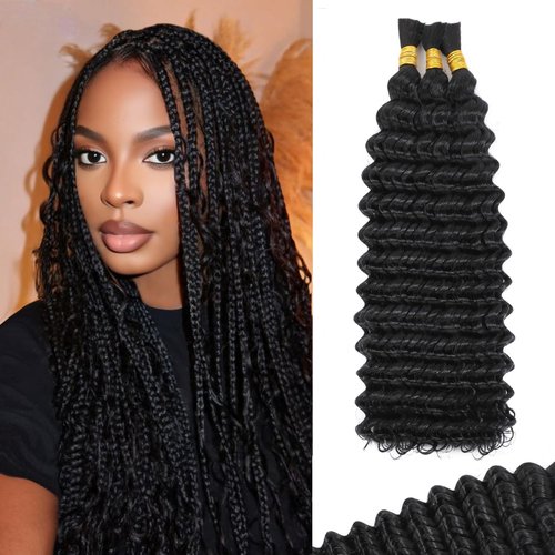 Human Braiding Hair for Boho Braids Deep Wave Bulk Human Hair 120g 18 Inch 12A Knotless Boho Braiding Curly 100% Virgin No Weft Extensions Bohemian Braids 3 Bundles/Pack Natural Color