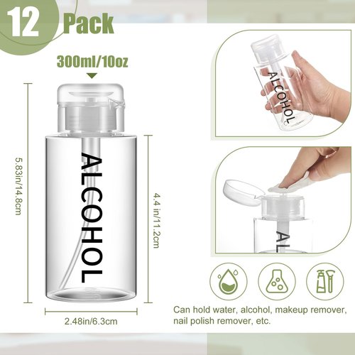 Layhit 12 Pcs 10 oz Alcohol Pump Dispenser Bottle Alcohol Push Down Liquid Dispenser Empty Pumping Bottle Refillable Cosmetic Container for Personal, Salon, Nail Care, Hospital Use (Black)