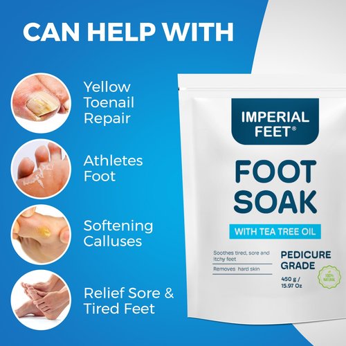 Epsom Salt Foot Soak w Tea Tree for Foot Bath (PEDICURE GRADE) - Toenail Repair, and Fungus Athletes Foot, Softens Calluses, Tired Feet, Nail Discoloration Foot Soak Salts, Smelly Foot Therapy16oz