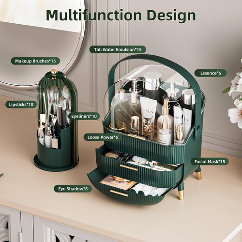 fanado Makeup Organizers Countertop, Makeup organization for Vanity, Cosmetic Storage with Lid and Drawers, Skincare Display Cases with for Desktop, Bathroom (Green)