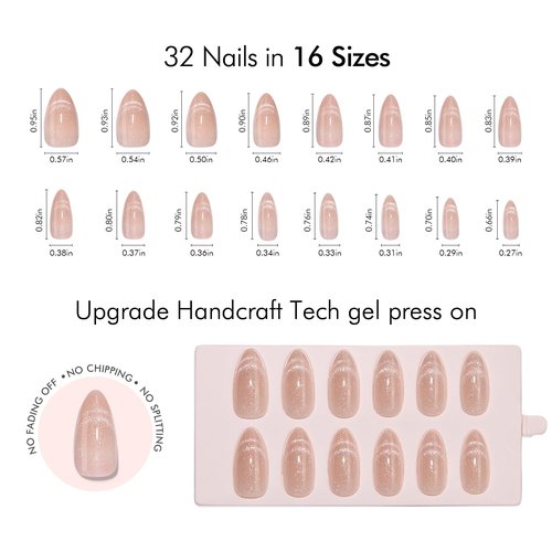 VSALON Press On Nails Almond, 32 Pcs 16 Sizes Cat Eye Press On Nude Neutral Sparkly Semi-Transparent Medium Fake Nails With UV Glue On Nails Kit, Reusable Stick On Nails Fall Wedding Gifts For Women