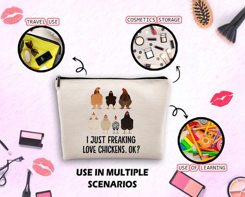 Dwept I Just Freaking Love Chickens OK Makeup Cosmetic Bag，Funny Chicken Hen Linen Makeup Travel Toiletry Bag, Farmhouse Rustic Chicken Cosmetic Bag Gifts For Farm Girls Women,Chicken Lovers Gifts