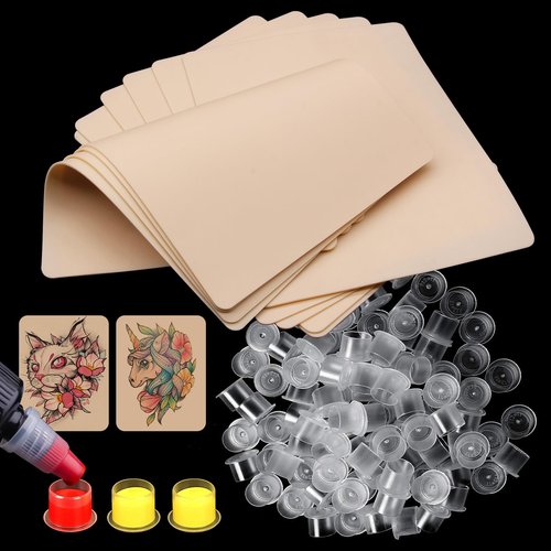 Autdor 1010Pcs Tattoo Practice Skins and Ink Cups Medium with Base Kit - Includes 1000Pcs Pigment Ink Cups 14mm and 10Pcs Blank Tattoo Skin