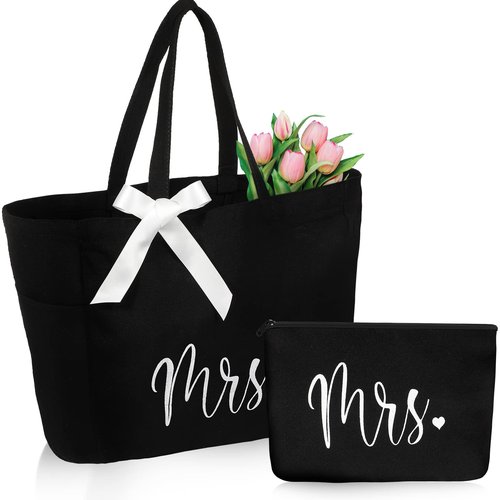 Cunno Bride Tote Bag with Makeup Bag, MRS Polyester Set for Women, Large Black, Wedding Gifts