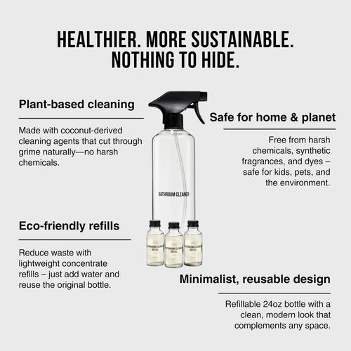 Public Goods Bathroom Cleaner Refill & Glass Spray Bottle | Refill Concentrate for Toilets, Tile, Showers | Cruelty Free | Scented w/Lemon Rosemary Essential Oils | 3 Pack - 24 Oz Diluted