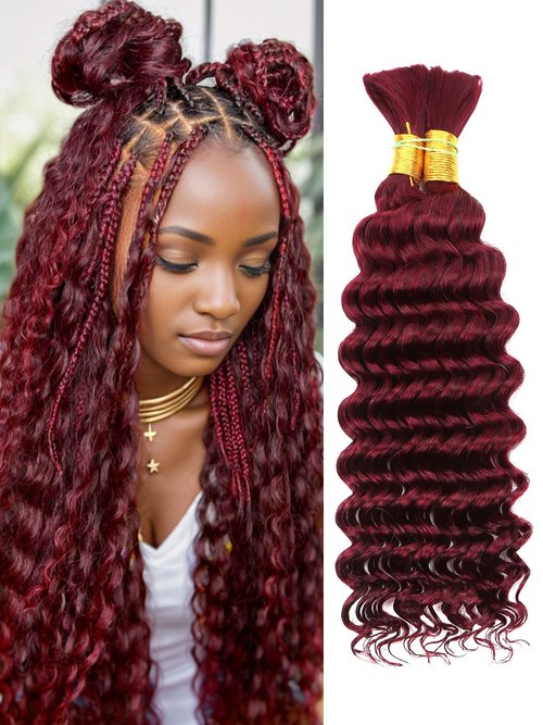 99J Burgundy Human Braiding Hair Deep Wave Bulk, No Weft Curly Braiding Hair Extensions for Boho Braids Wet and Wavy Braiding Human Hair Bundles(14inch,99j,100g)