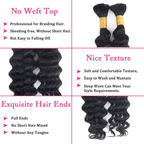 B-Fashion Human Braiding Hair for Boho Braids Deep Wave Bulk Human Hair for Braiding 22 Inch 2 Bundles 100G 100% Brazilian Wet and Wavy Curly Human Hair Braiding Hair Extensions No Weft Bundles