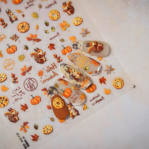 1 Sheet Fall Nail Art Stickers 5D Embossed Cute Nail Decals Autumn Maple Leaf Squirrel Pine Cones Fallen Leaves Nail Design Self-Adhesive Manicure Stickers Accessories for Women DIY Nail Decorations